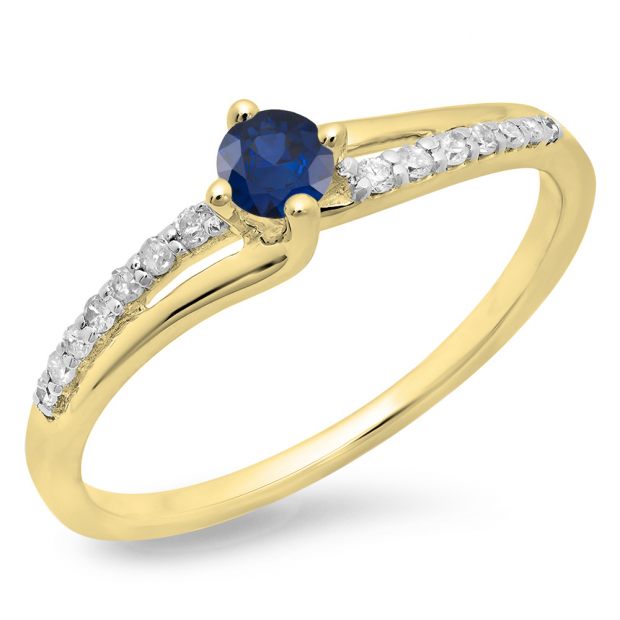 0.33 Carat (ctw) 10K Yellow Gold Round Cut Blue Sapphire & White Diamond Ladies Bridal Wave Promise Engagement Ring 1/3 CT