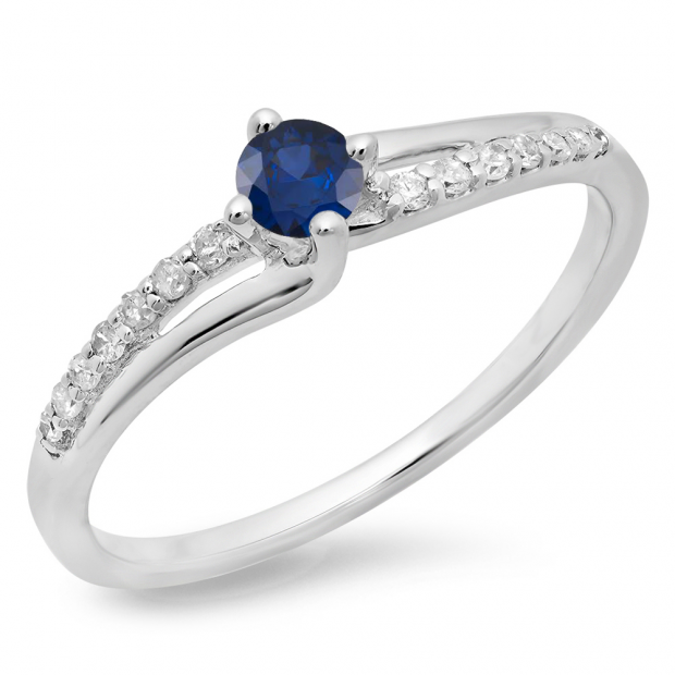 0.33 Carat (ctw) 18K White Gold Round Cut Blue Sapphire & White Diamond Ladies Bridal Wave Promise Engagement Ring 1/3 CT