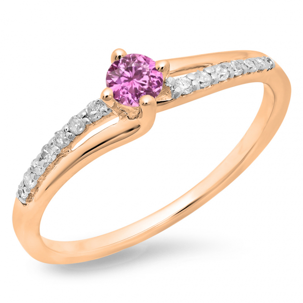 0.33 Carat (ctw) 10K Rose Gold Round Cut Pink Sapphire & White Diamond Ladies Bridal Wave Promise Engagement Ring 1/3 CT