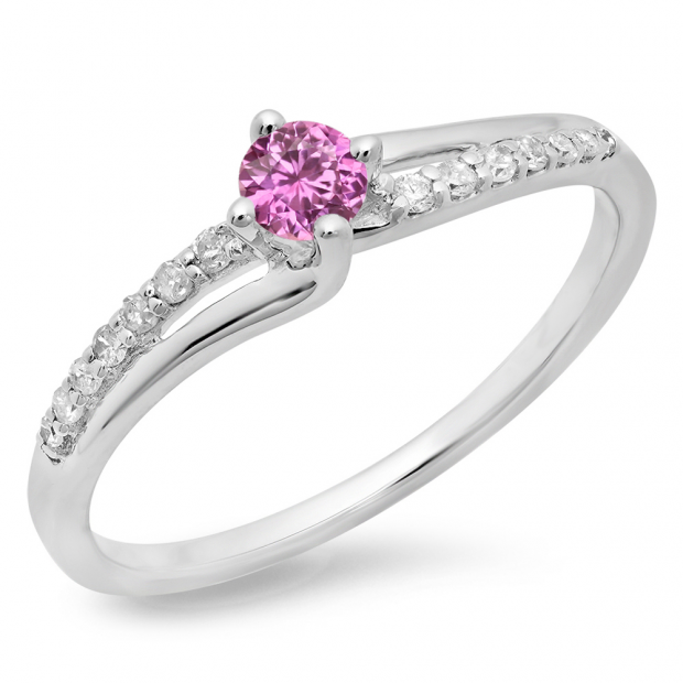 0.33 Carat (ctw) 10K White Gold Round Cut Pink Sapphire & White Diamond Ladies Bridal Wave Promise Engagement Ring 1/3 CT