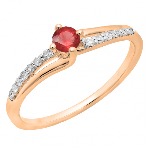 0.33 Carat (ctw) 10K Rose Gold Round Cut Ruby & White Diamond Ladies Bridal Wave Promise Engagement Ring 1/3 CT