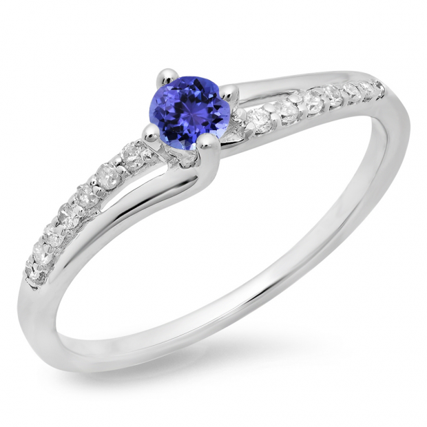 0.33 Carat (ctw) 10K White Gold Round Cut Tanzanite & White Diamond Ladies Bridal Wave Promise Engagement Ring 1/3 CT
