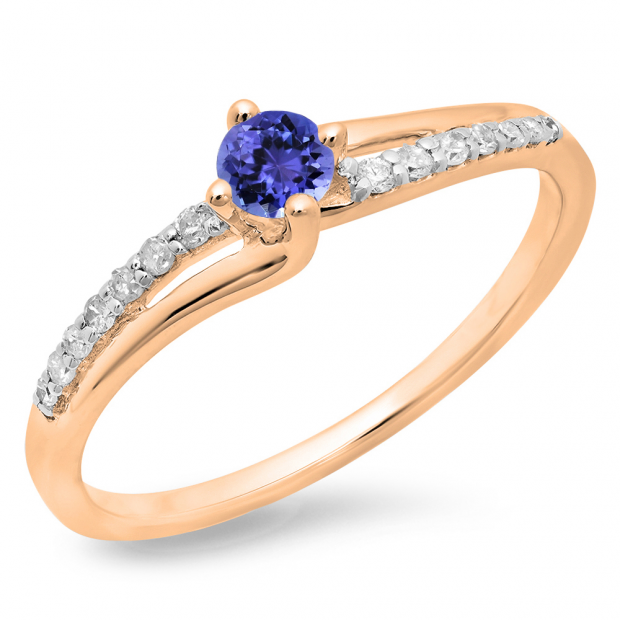 0.33 Carat (ctw) 18K Rose Gold Round Cut Tanzanite & White Diamond Ladies Bridal Wave Promise Engagement Ring 1/3 CT