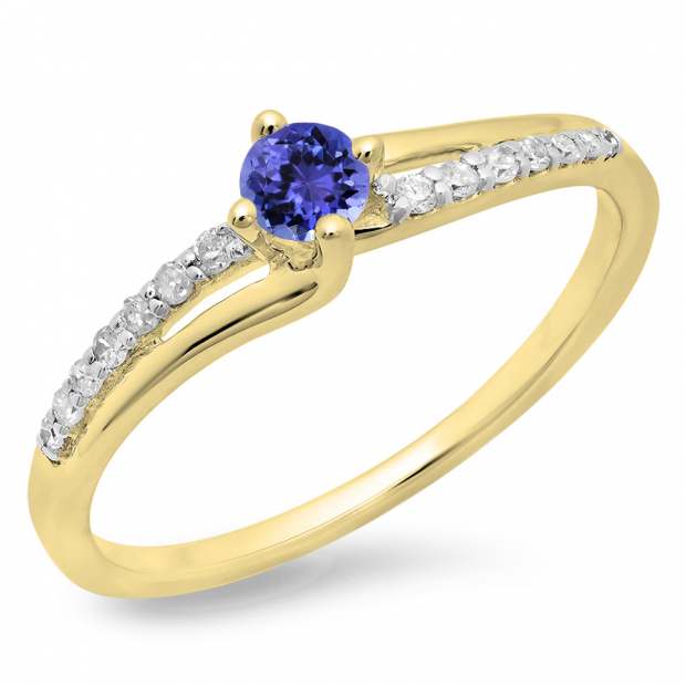 0.33 Carat (ctw) 18K Yellow Gold Round Cut Tanzanite & White Diamond Ladies Bridal Wave Promise Engagement Ring 1/3 CT