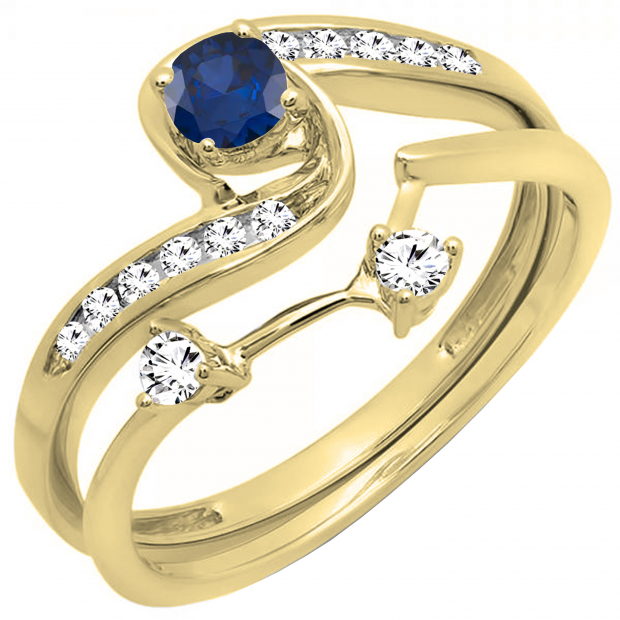 0.50 Carat (ctw) 10K Yellow Gold Round Blue Sapphire And White Diamond Ladies Swirl Bridal Engagement Ring Matching Band Set 1/2 CT