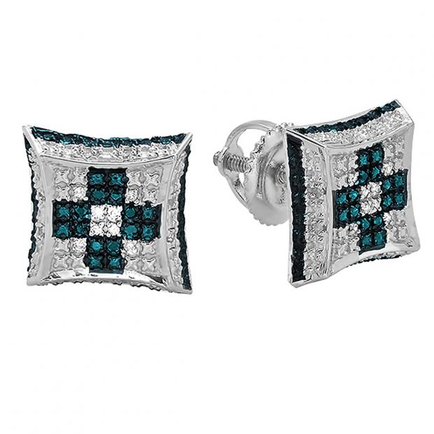 0.10 Carat (ctw) Sterling Silver Round Blue & White Diamond Chess Setting Kite Shape Stud Earrings 1/10 CT