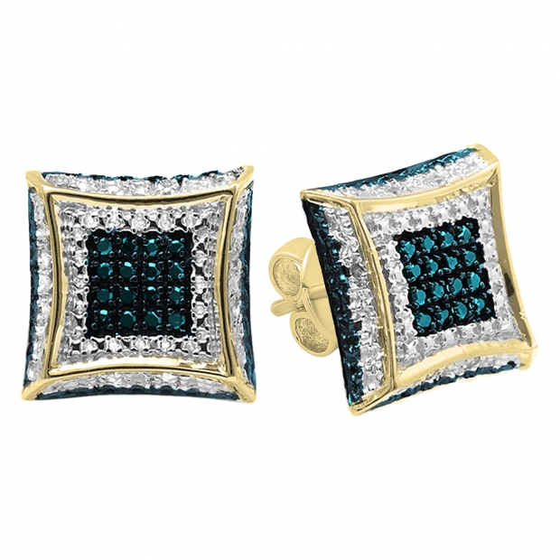 0.15 Carat (ctw) Round Blue & White Diamond Micro Pave Setting Kite Shape Stud Earrings 14K Yellow Gold