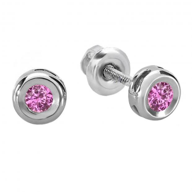 0.15 Carat (ctw) 10K White Gold Round Cut Pink Sapphire Bezel Stud Earrings
