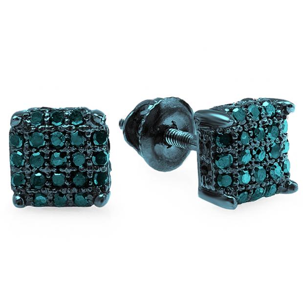 0.33 Carat (ctw) Blue Rhodium Plated Sterling Silver Real Blue Diamond Ice Cube Dice Shape Mens Hip Hop Iced Stud Earrings 1/3 CT
