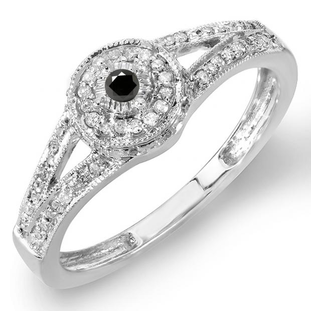 0.25 Carat (ctw) Sterling Silver Round Black & White Diamond Ladies Split Shank Halo Engagement Ring 1/4 CT