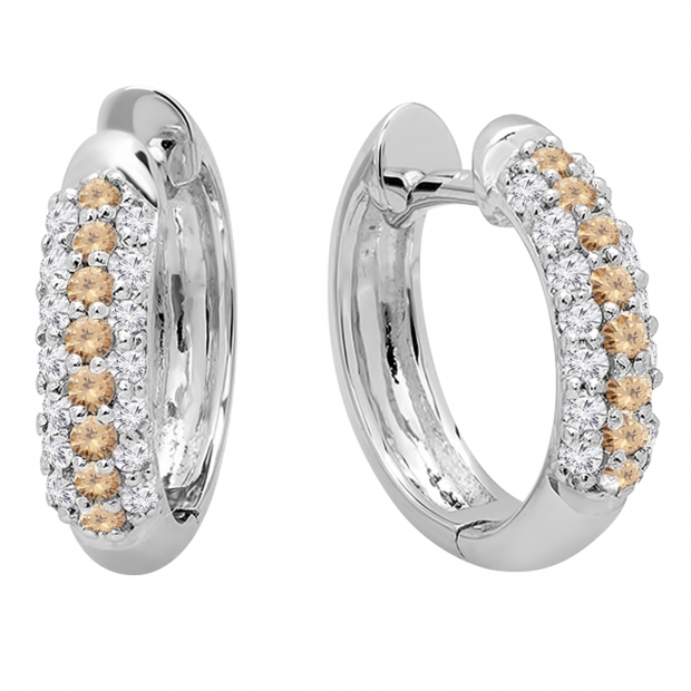 0.30 Carat (ctw) 10K White Gold Round Champagne & White Diamond Ladies Pave Set Huggies Hoop Earrings 1/3 CT