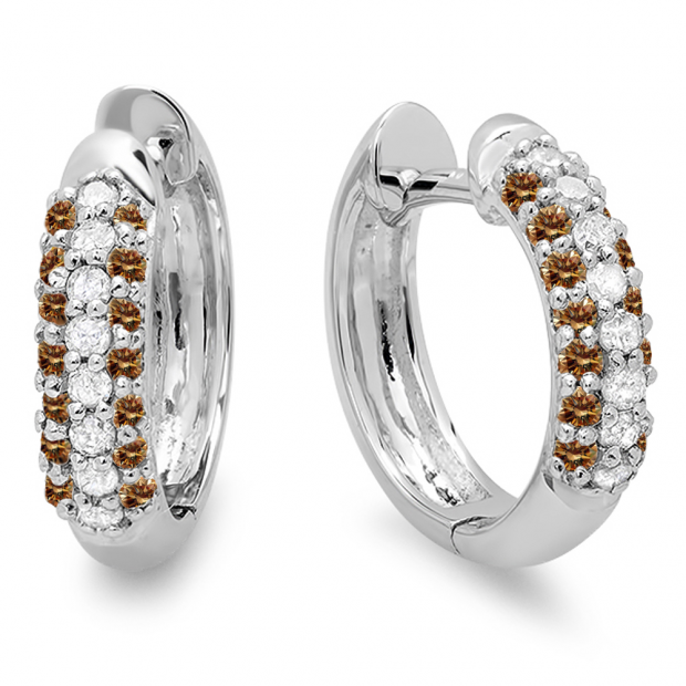0.30 Carat (ctw) 10K White Gold Round Champagne & White Diamond Ladies Pave Set Huggies Hoop Earrings 1/3 CT