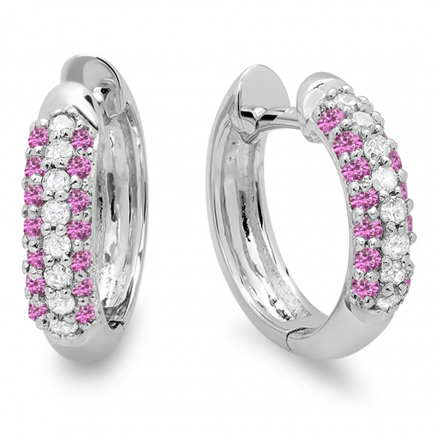 0.30 Carat (ctw) 18K White Gold Pink Sapphire & White Round Diamond Ladies Pave Set Huggies Hoop Earrings 1/3 CT