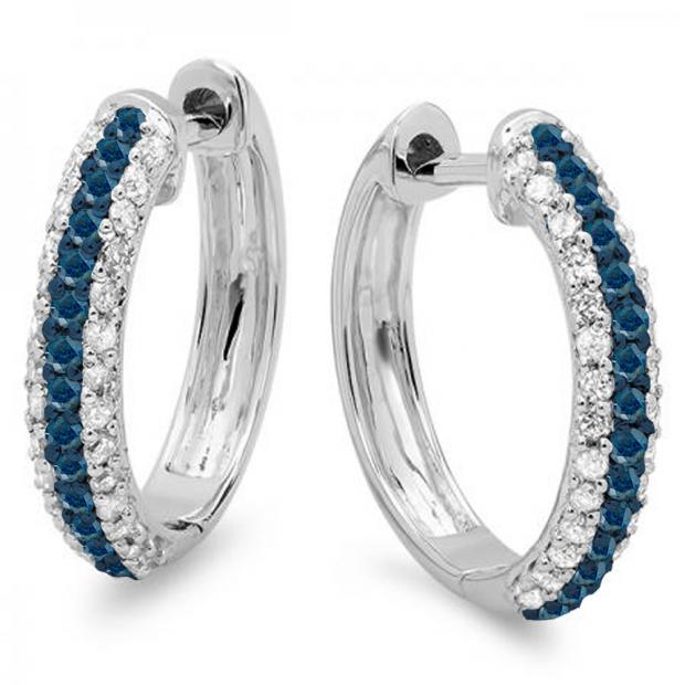 0.50 Carat (ctw) 14K White Gold Round Blue & White Diamond Ladies Pave Set Huggies Hoop Earrings 1/2 CT
