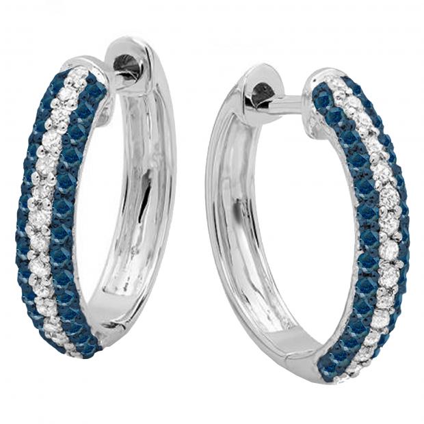 0.50 Carat (ctw) 18K White Gold Round Blue & White Diamond Ladies Pave Set Huggies Hoop Earrings 1/2 CT