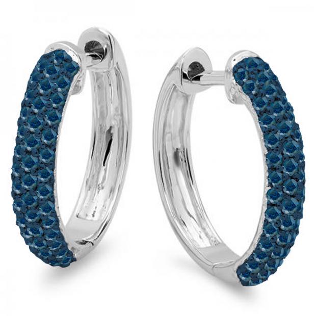 0.50 Carat (ctw) 10K White Gold Round Blue Diamond Ladies Pave Set Huggies Hoop Earrings 1/2 CT