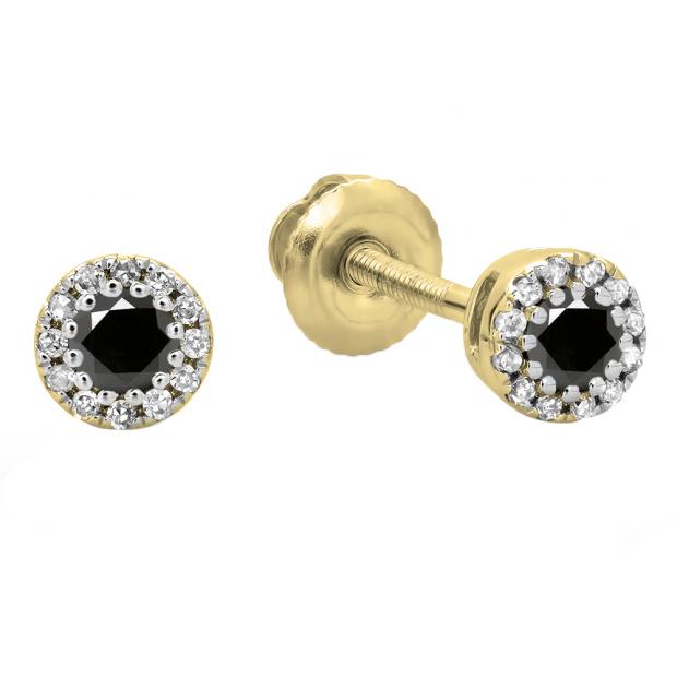 0.20 Carat (ctw) 14K Yellow Gold Round Black & White Diamond Ladies Cluster Halo Style Stud Earrings 1/5 CT