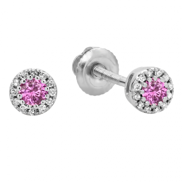 0.20 Carat (ctw) 10K White Gold Round Pink Sapphire & White Diamond Ladies Cluster Halo Style Stud Earrings 1/5 CT