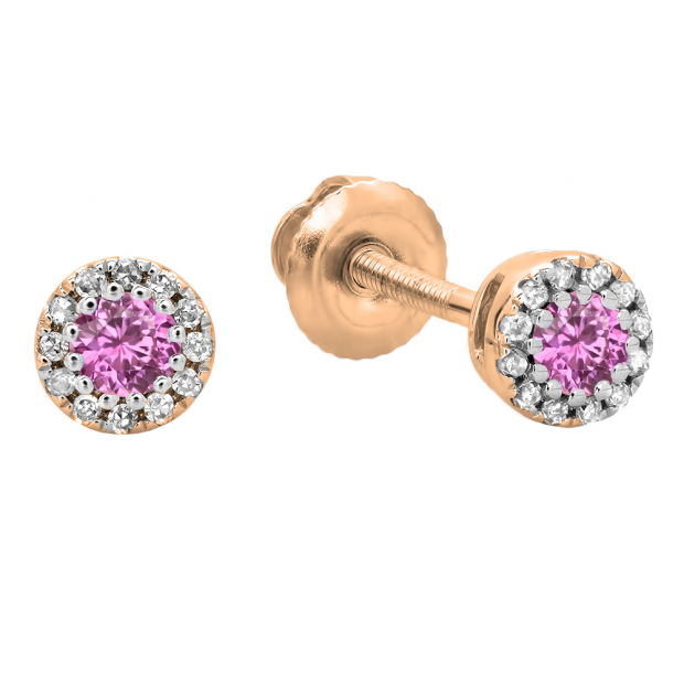 0.20 Carat (ctw) 14K Rose Gold Round Pink Sapphire & White Diamond Ladies Cluster Halo Style Stud Earrings 1/5 CT