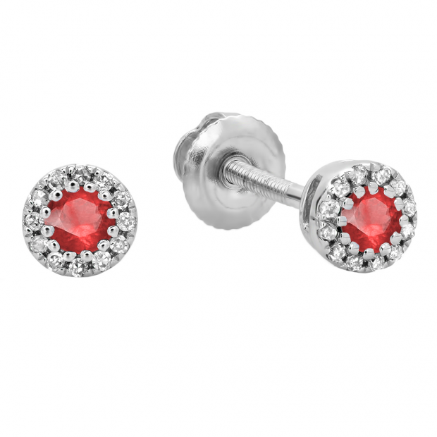 0.20 Carat (ctw) 10K White Gold Round Ruby & White Diamond Ladies Cluster Halo Style Stud Earrings 1/5 CT