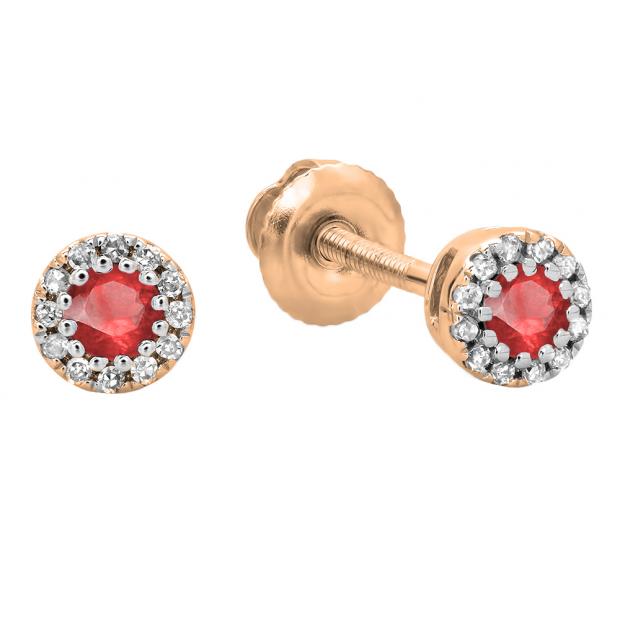 0.20 Carat (ctw) 14K Rose Gold Round Ruby & White Diamond Ladies Cluster Halo Style Stud Earrings 1/5 CT