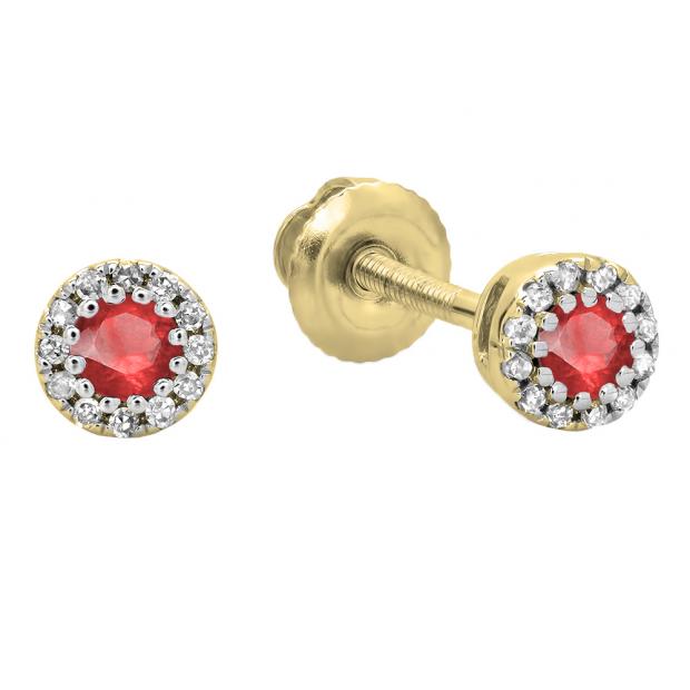 0.20 Carat (ctw) 14K Yellow Gold Round Ruby & White Diamond Ladies Cluster Halo Style Stud Earrings 1/5 CT