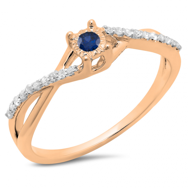 0.20 Carat (ctw) 14K Rose Gold Round Blue Sapphire & White Diamond Ladies Swirl Split Shank Promise Engagement Ring 1/5 CT