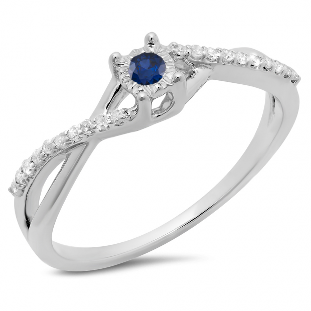 0.20 Carat (ctw) 14K White Gold Round Blue Sapphire & White Diamond Ladies Swirl Split Shank Promise Engagement Ring 1/5 CT