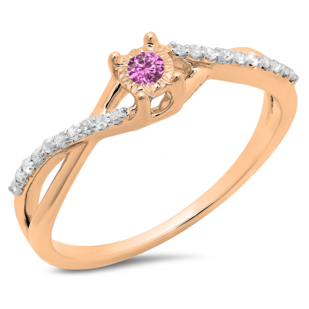 0.20 Carat (ctw) 10K Rose Gold Round Pink Sapphire & White Diamond Ladies Swirl Split Shank Promise Engagement Ring 1/5 CT