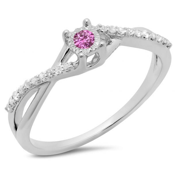 0.20 Carat (ctw) 10K White Gold Round Pink Sapphire & White Diamond Ladies Swirl Split Shank Promise Engagement Ring 1/5 CT