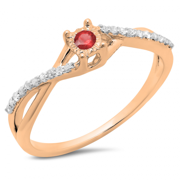 0.20 Carat (ctw) 10K Rose Gold Round Ruby & White Diamond Ladies Swirl Split Shank Promise Engagement Ring 1/5 CT