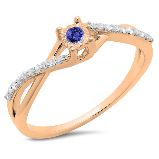 0.20 Carat (ctw) 18K Rose Gold Round Tanzanite & White Diamond Ladies Swirl Split Shank Promise Engagement Ring 1/5 CT