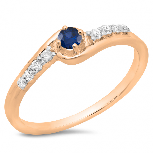 0.25 Carat (ctw) 10K Rose Gold Round Cut Blue Sapphire & White Diamond Ladies Bridal Twisted Wave Promise Engagement Ring 1/4 CT