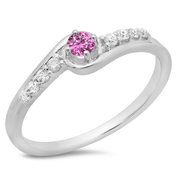 0.25 Carat (ctw) 18K White Gold Round Cut Pink Sapphire & White Diamond Ladies Bridal Twisted Wave Promise Engagement Ring 1/4 CT