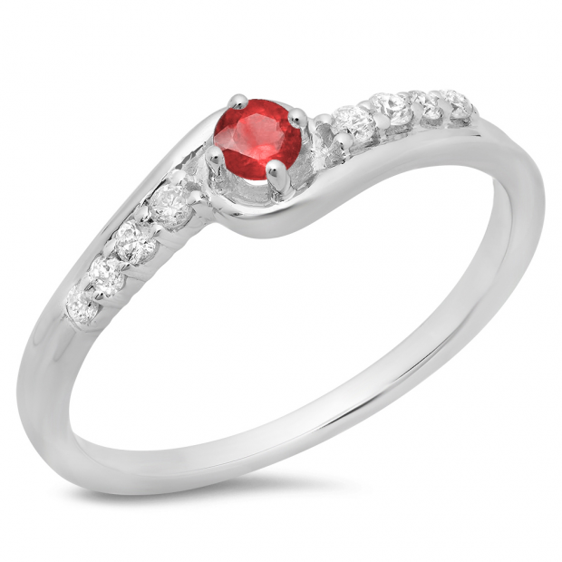 0.25 Carat (ctw) 10K White Gold Round Cut Ruby & White Diamond Ladies Bridal Twisted Wave Promise Engagement Ring 1/4 CT