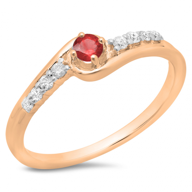 0.25 Carat (ctw) 18K Rose Gold Round Cut Ruby & White Diamond Ladies Bridal Twisted Wave Promise Engagement Ring 1/4 CT