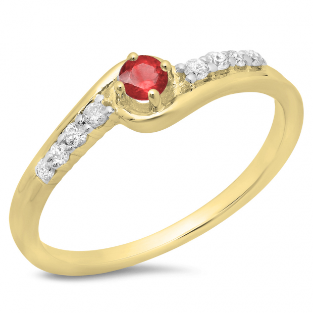 0.25 Carat (ctw) 18K Yellow Gold Round Cut Ruby & White Diamond Ladies Bridal Twisted Wave Promise Engagement Ring 1/4 CT