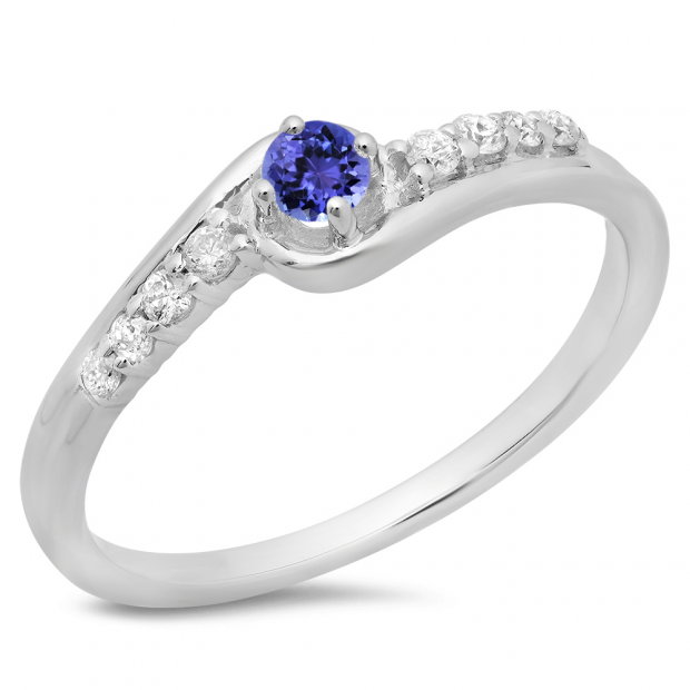 0.25 Carat (ctw) 18K White Gold Round Cut Tanzanite & White Diamond Ladies Bridal Twisted Wave Promise Engagement Ring 1/4 CT