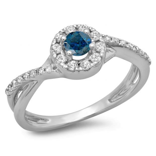 0.50 Carat (ctw) 14K White Gold Round Cut Blue & White Diamond Ladies Swirl Split Shank Bridal Halo Engagement Ring 1/2 CT