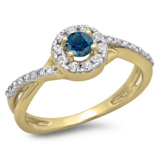 0.50 Carat (ctw) 14K Yellow Gold Round Cut Blue & White Diamond Ladies Swirl Split Shank Bridal Halo Engagement Ring 1/2 CT