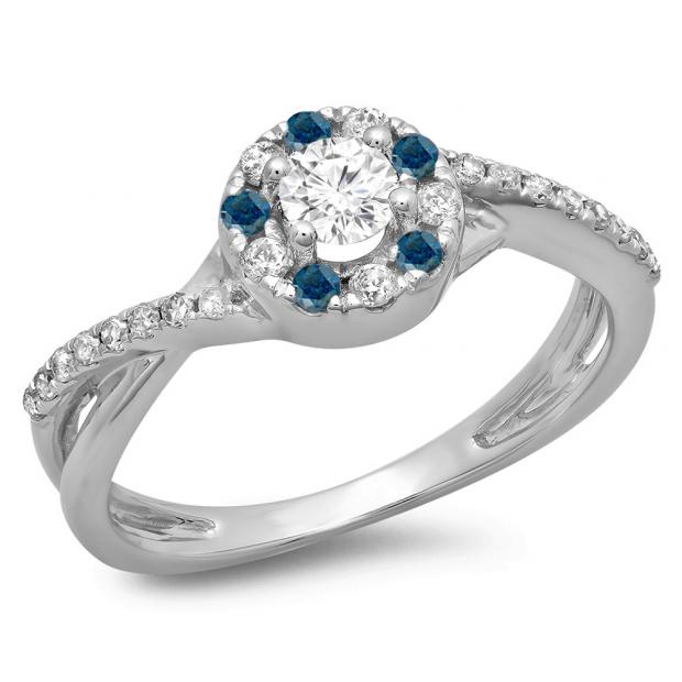 0.50 Carat (ctw) 10K White Gold Round Cut Blue & White Diamond Ladies Swirl Split Shank Bridal Halo Engagement Ring 1/2 CT