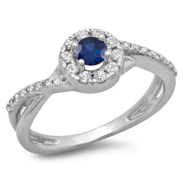 0.50 Carat (ctw) 14K White Gold Round Cut Blue Sapphire & White Diamond Ladies Swirl Split Shank Bridal Halo Engagement Ring 1/2 CT