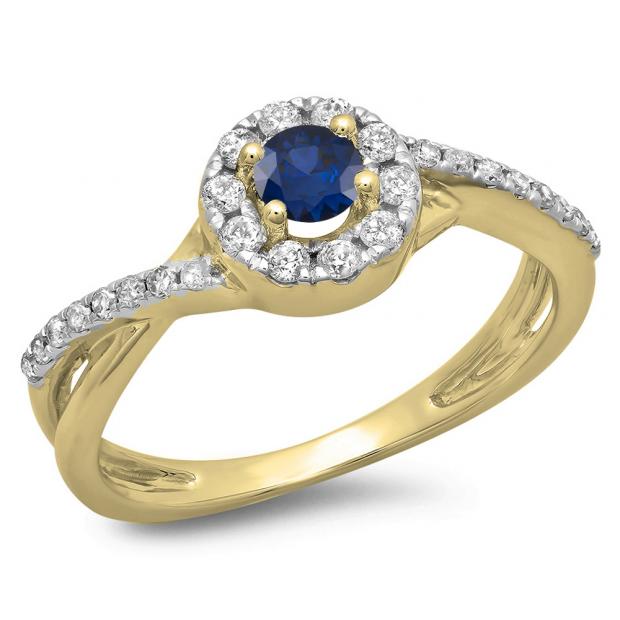 0.50 Carat (ctw) 14K Yellow Gold Round Cut Blue Sapphire & White Diamond Ladies Swirl Split Shank Bridal Halo Engagement Ring 1/2 CT