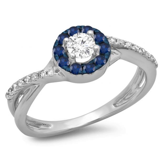 0.50 Carat (ctw) 14K White Gold Round Cut Blue Sapphire & White Diamond Ladies Swirl Split Shank Bridal Halo Engagement Ring 1/2 CT