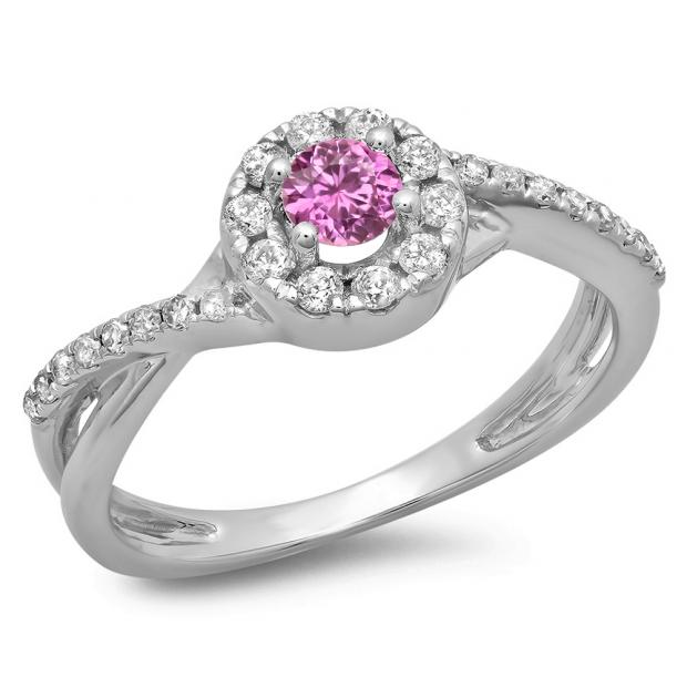 0.50 Carat (ctw) 14K White Gold Round Cut Pink Sapphire & White Diamond Ladies Swirl Split Shank Bridal Halo Engagement Ring 1/2 CT