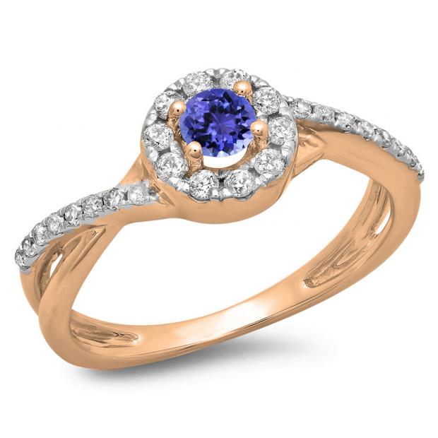 0.50 Carat (ctw) 14K Rose Gold Round Cut Tanzanite & White Diamond Ladies Swirl Split Shank Bridal Halo Engagement Ring 1/2 CT
