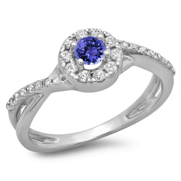 0.50 Carat (ctw) 14K White Gold Round Cut Tanzanite & White Diamond Ladies Swirl Split Shank Bridal Halo Engagement Ring 1/2 CT