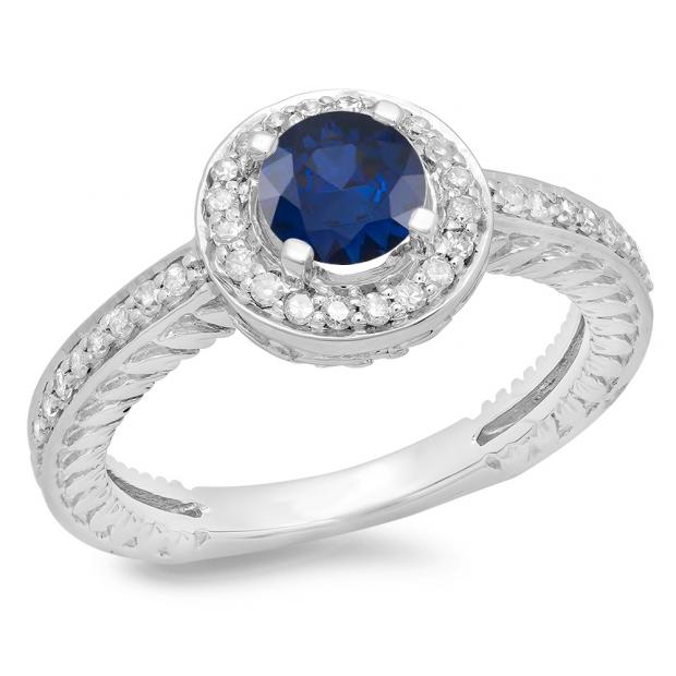1.00 Carat (ctw) 14K White Gold Round Cut Blue Sapphire & White Diamond Ladies Bridal Vintage Halo Style Engagement Ring 1 CT