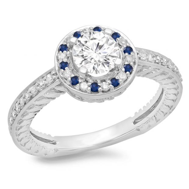 1.00 Carat (ctw) 14K White Gold Round Cut Blue Sapphire & White Diamond Ladies Bridal Vintage Halo Style Engagement Ring 1 CT