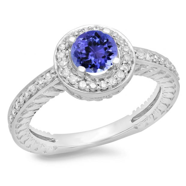 1.00 Carat (ctw) 14K White Gold Round Cut Tanzanite & White Diamond Ladies Bridal Vintage Halo Style Engagement Ring 1 CT